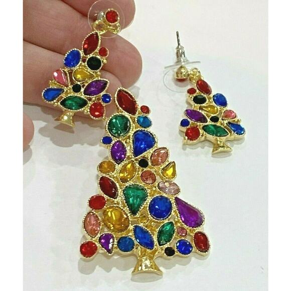 Rhinestone Christmas Tree Jewelry Set Brooch & Pierced Earrings Gold Multicolor - Picture 3 of 6